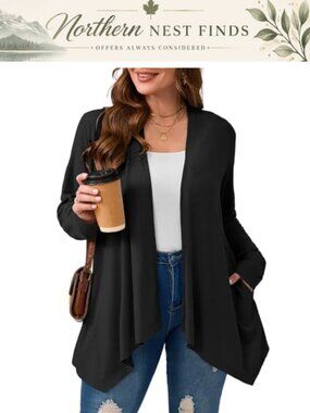Women's Plus Lightweight Open Front Cardigan Long Sleeve Duster with Pockets